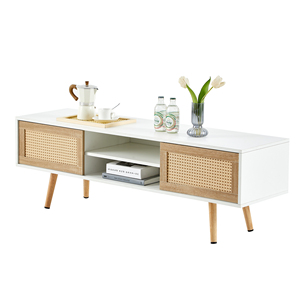 Rattan TV Cabinet 55.12 In Double <b>Sliding</b> Doors Adjustable <b>Shelf</b> Solid Wood Legs Living Room Console - Product Image 2