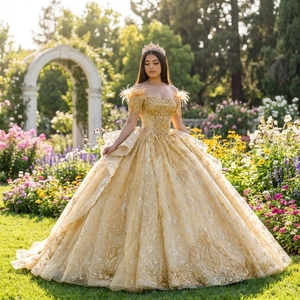 Mc020 Elegant Gold Quinceanera Gown Beaded Bodice Glitter Lace Applique Princess Ball Dress Tiered Party Natural for - Product Image 1