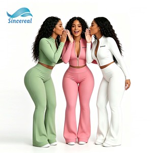 Custom Logo Gym Y2K Fitness Workout <strong>Set</strong> Full Zip Up Jacket Flared Yoga Leggings Matching Headband 2 Piece Women Activewear <strong>Sets</strong> - Product Image 4