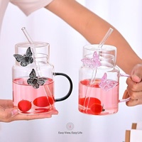 Gobelet en verre borosilicate rose monocouche de haute qualité avec paille papillon pour filles, idéal pour jus, lait, thé, eau - Usage domestique