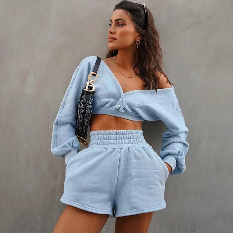 2022 New Arrival Causal Shorts and Hoodie Jogger Set Design Long Sleeve 2 Piece Short Set Women