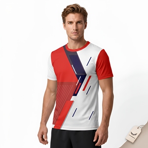 T-shirt à manches courtes pour homme, motif géométrique rouge et blanc, sublimation, coupe classique, séchage rapide, sportif, col rond, tricoté en polyester - Product Image 2