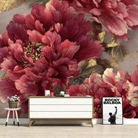 Peinture murale Art Déco de luxe, texture dorée, pivoine rouge, grande peinture à l'huile portrait, salon, chambre à coucher, intérieur moderne élégant