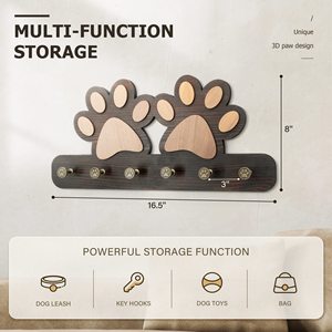 Wooden Paw Print Wall Rack With <b>Hooks</b> For Dog Leash And Collar Storage Home Entryway Organizer - Product Image 5