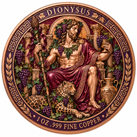 Pièces de monnaie rondes en cuivre pur 999 de 1 oz, série Mythologie Grecque Antique, Dionysos, pièce de collection en métal coloré à haute relief, artisanat