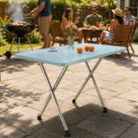 Table à manger rectangulaire pliante bleu clair à motifs floraux, avec pieds en acier inoxydable en forme de X, plateau imperméable