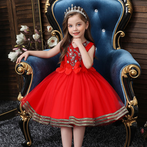 Robe de princesse brodée sans manches à col en V pour filles, Costume de spectacle rouge, robe pour enfants, automne 2020 - Product Image 1