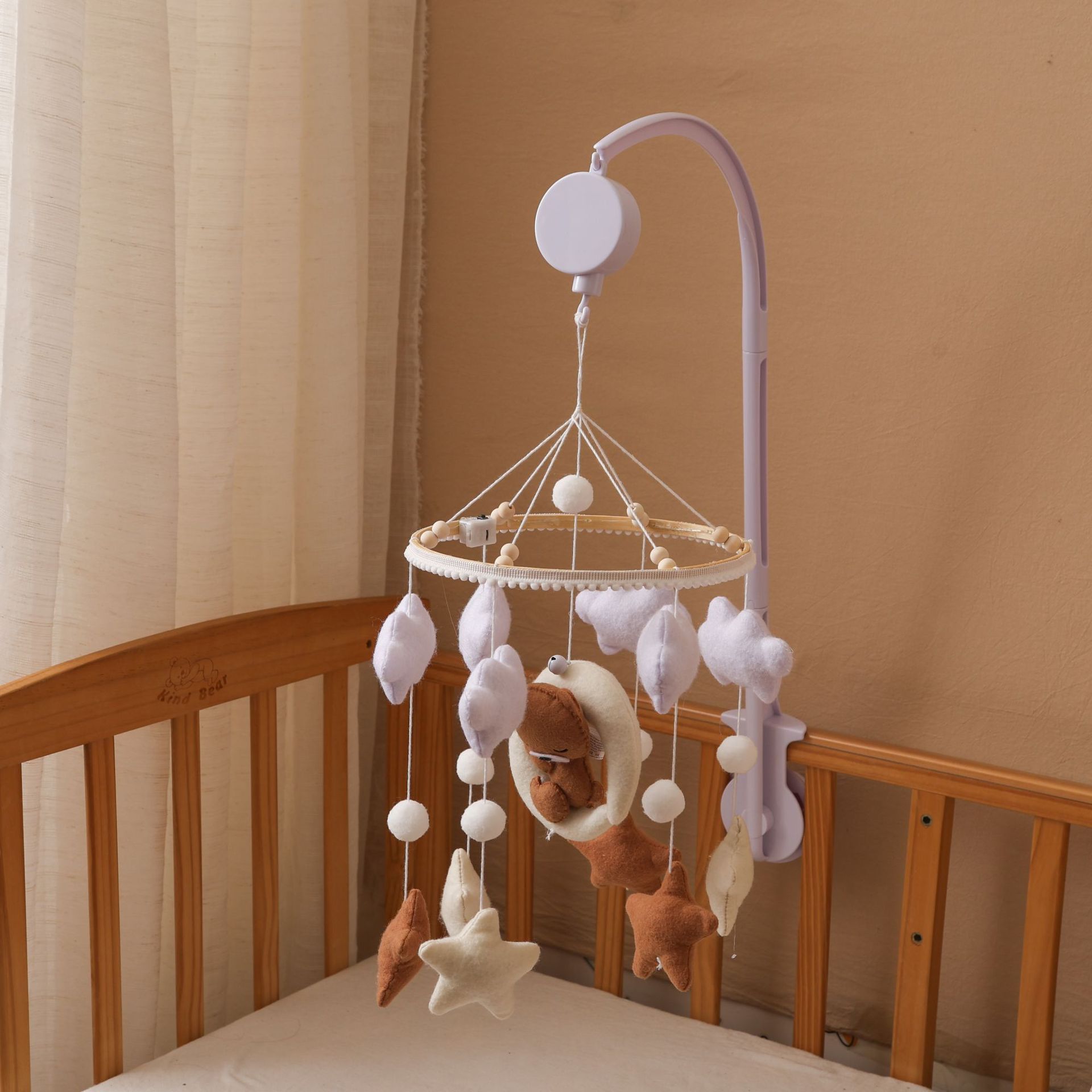 Campanello per letto con staffa in plastica, carillon, orso della luna marrone