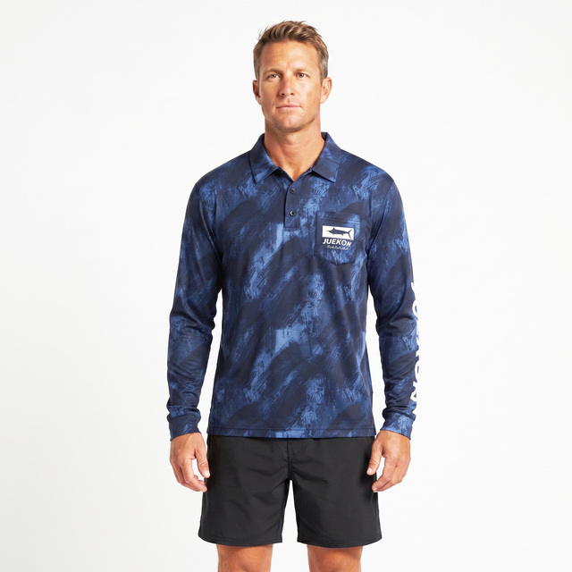 Blue Camouflage Printed Plus Size Long Sleeve Fishing Polo Shirt Breathable Quick Dry UPF 50+ Sunblock Outdoor Performance Wear