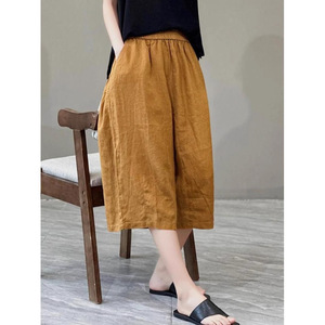 Wide Leg Pants Women Cotton Linen Summer Cropped Casual Pants Mid Waist Breathable Ginger Yellow Gray Black Khaki NX245 - Product Image 1