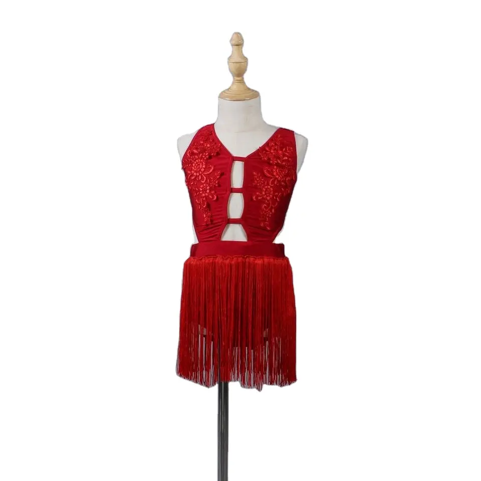 red applique dance leotard adult child latin dance dress lovely tassel stage girls Latin dance costumes