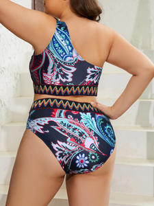 Bikini Sexy de talla grande con estampado de un hombro y cintura alta, Bikini de dos piezas, traje de baño para mujer, traje de baño con cubierta, Bikinis de pecho grande para mujer - Product Image 6
