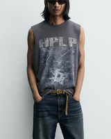 Débardeur Homme Personnalisé Noir Délavé à l'Acide, Coupe Oversize, 95% Coton 5% Spandex, Col Rond, Impression Sérigraphique