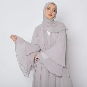 Classic Cotton & Polyester Open Fashion Abaya With Gold Trimming Modesty Style Matching Hijab Included Muslim Farasha Dailywear