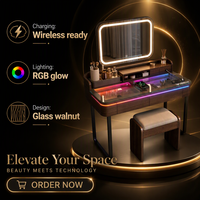 Coiffeuse intelligente en noyer avec éclairage LED RGB, miroir lumineux et chargeur sans fil pour chambre à coucher
