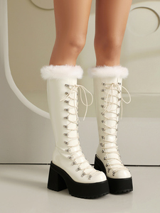 ביצי בנות ביקר נעלי הליכה בסגנון נשים פלטפורמה ברך מגפיים גבוהים patchwork תחרה מגפיים נעלי lolita לבן פרווה מגפיים ארוכים - Product Image 6