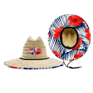 Chapéu de sol com logotipo personalizado, chapéu de palha natural com estampa tropical sombrero para praia, verão