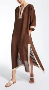 Brown Cotton Maxi Dress Mandarin <b>Collar</b> Natural Waist Straight Hem Sweet <b>Lace</b> Floral Boho Regular Fit Breathable Eco-Friendly - Product Image 1