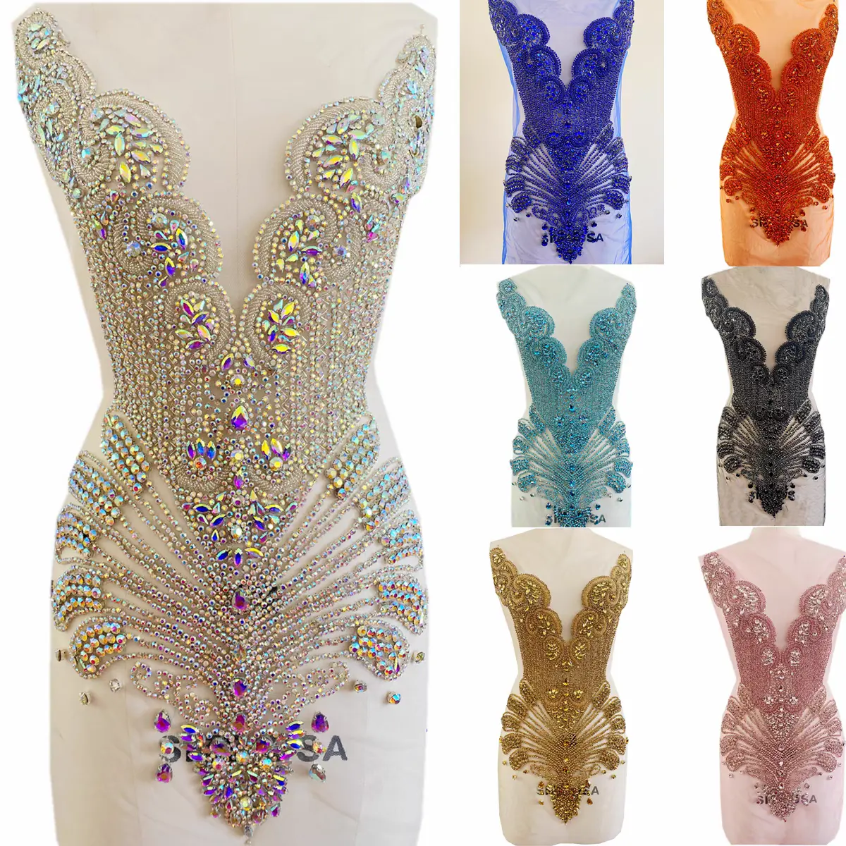 Sparkling Big Bling Pieces Sew on Crystal Rhinestone Full Body Bodice Rhinestone Applique For Prom Party Dress