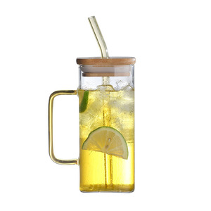 Eco-friendly Borosilicate Square Glass Cup Straw <strong>Transparent</strong> Handle 400ml BPA Free Reusable Food Safe Modern Can <strong>Mason</strong> <strong>Jar</strong> - Product Image 4
