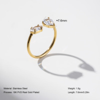 YF6662 Bague ouverte tendance en acier inoxydable plaqué or 18 carats, étanche, avec double goutte d'eau et zircon 5A pour femme