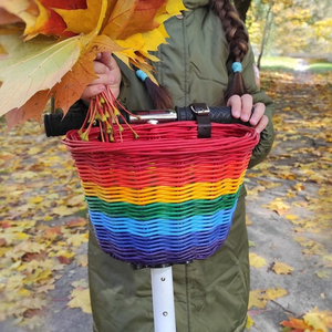 Huangtu hand woven rainbow plastic wicker front bicycle basket&kids bike basket for the handlebar