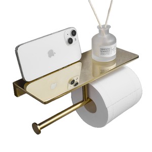 Support mural pour téléphone portable et rouleau de papier toilette en cuivre plaqué or, étagère de salle de bain avec double rangement pour rouleaux - Product Image 5