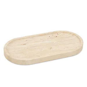 Grosir nampan marmer Oval mewah perhiasan jam tangan alami krem Romano Travertine nampan Oval Catchall