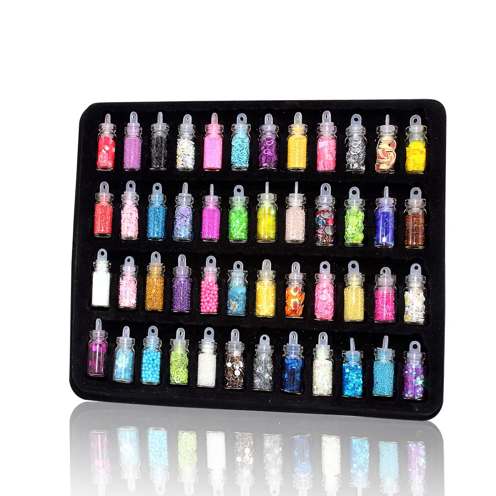Hot Koop New Design 48 Flessen/Set Nail Art Pailletten Glitter Poeder En Tips Nail Stickers Mixed Ontwerp Case set