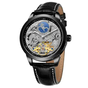 Relógio automático de esqueleto de luxo com pulseira de couro genuíno para homens, preço barato personalizado da marca chinesa