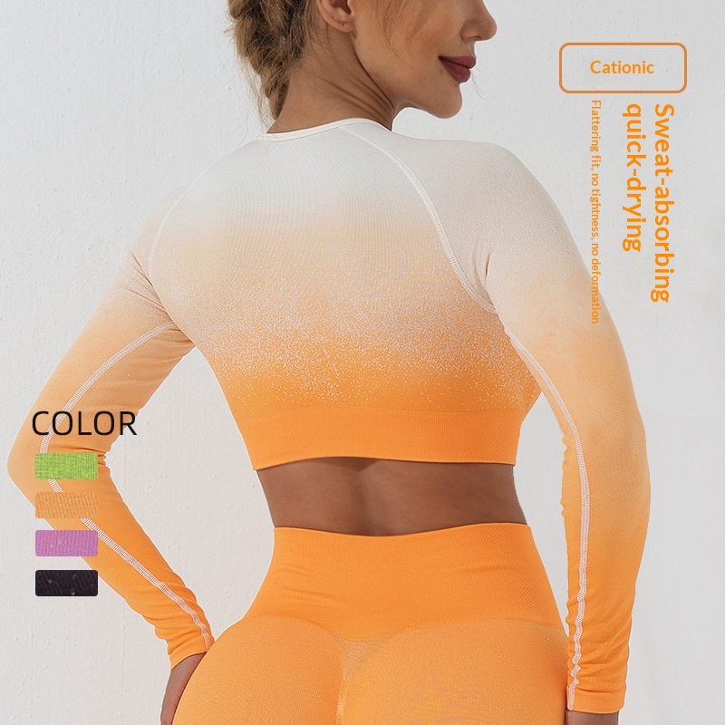 Alpha's New Autumn/Winter Seamless Spandex/Nylon Sports Yoga T-Shirt for Women Long-Sleeved Gradient Design Tight-Fitting Nude