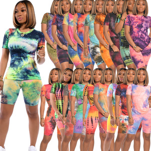 Completo da donna completo sportivo <span class=keywords><strong>aderente</strong></span> taglie forti abbigliamento donna Casual manica corta Tie-Dye Set di pantaloncini a due pezzi - Product Image 1