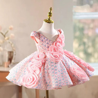 Robe rose 3D à col en V et manches volantées pour filles, idéale pour anniversaire ou spectacle de défilé