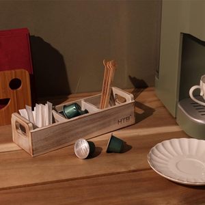 Caja de almacenamiento de madera con 3 compartimentos para bolsas de té y café, organizador de escritorio, color madera quemada, capacidad de 8L - Product Image 3