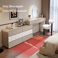 Coiffeuse de chambre en bois massif de style minimaliste moderne avec tiroirs de rangement intégrés, miroir éclairé accessible en coin, gain de place