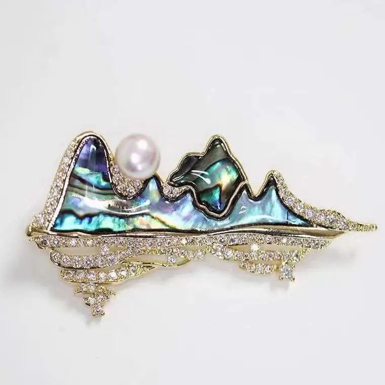 High-End Chinese Stijl Natuurlijke Abalone Kleur Schelp Landschap Broche Natuurlijke Zoetwaterparel Broche Pin Parel Broche Bloem