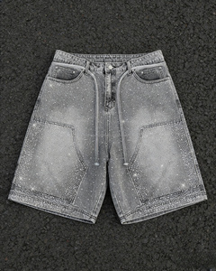 Shorts en jean vintage pour homme avec strass et effet vieilli, shorts décontractés pour homme - Product Image 1