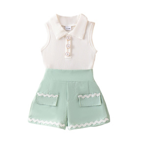Ensemble décontracté été 2026 en coton respirant de couleur unie, <span class=keywords><strong>gilet</strong></span> et short pour bébés et enfants - Product Image 5