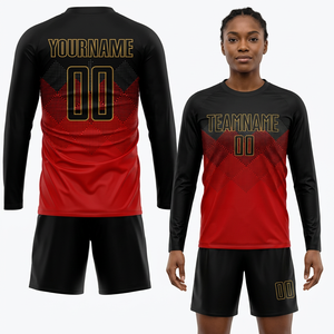 Conjunto de Camiseta de Fútbol Unisex de Manga Corta con Cuello Mao, Cintura Elástica, Rojo y Negro, Sublimado, Poliéster que Absorbe la Humedad, Corte Regular - Product Image 1