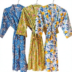 Women's Boho Floral Printed Cotton Kimono <b>Robe</b> Midi Length V-neck Batwing Sleeve Eco-Friendly Belt Pockets Natural Daily ODM - Product Image 1