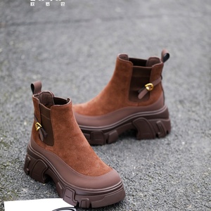 Bottes Chelsea d'hiver rétro pour femmes en cuir véritable talons épais doux confortable anti-glissant à la mode hauteur augmentant - Product Image 3