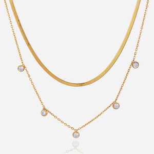 Collar de Doble Capa con Circonitas, Cadena de Serpiente de Acero Inoxidable 18K, Engaste de Bisel, Joyería para Uso Diario, Regalo - Product Image 1