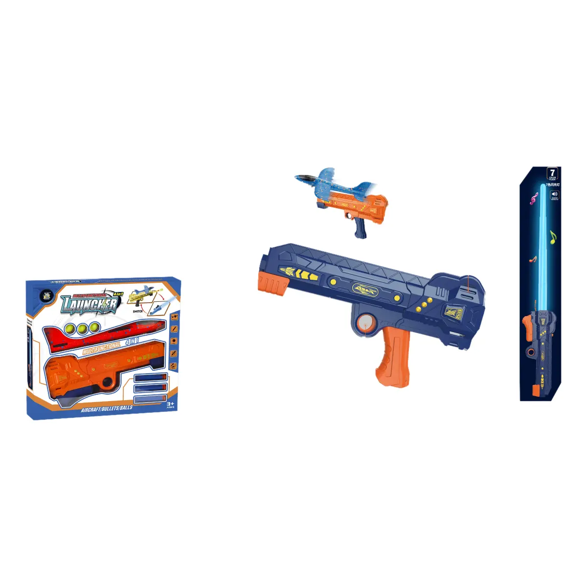 4-in-1 Battle Blasterขยายดาบโฟมลูกดอกปิงปองลูกไฟสีฟ้าสีส้มรุ่นปืนของเล่น