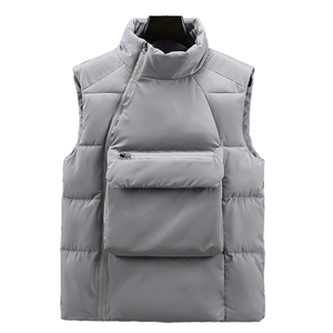 แจ็กเก็ตทรงพองผ้าแคนวาสอุ่นสำหรับผู้ชาย, เสื้อแจ็คเก็ตแขนกุดคอตั้งเป็นมิตรกับสิ่งแวดล้อมมีกระเป๋าขนาดใหญ่สไตล์เกาหลีย้อมสีเรียบฤดูหนาว - Product Image 4