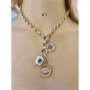 NM42694 Gold Plated Belcher Rolo Chain Necklace With Triple Charm Turkish Eye North Star And Lock Necklace