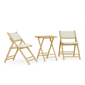 Set Bistrot in Bambù con Tessuto Crema e Cuscini in Schiuma, Arredamento da Giardino Pieghevole per 2 Posti, Design Minimalista - Product Image 1