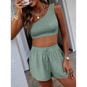 À la mode reine femmes 2 pièces pour salon ensembles une épaule sans manches froncé haut Shorts tenues côtes survêtements survêtements poches - Product Image 3