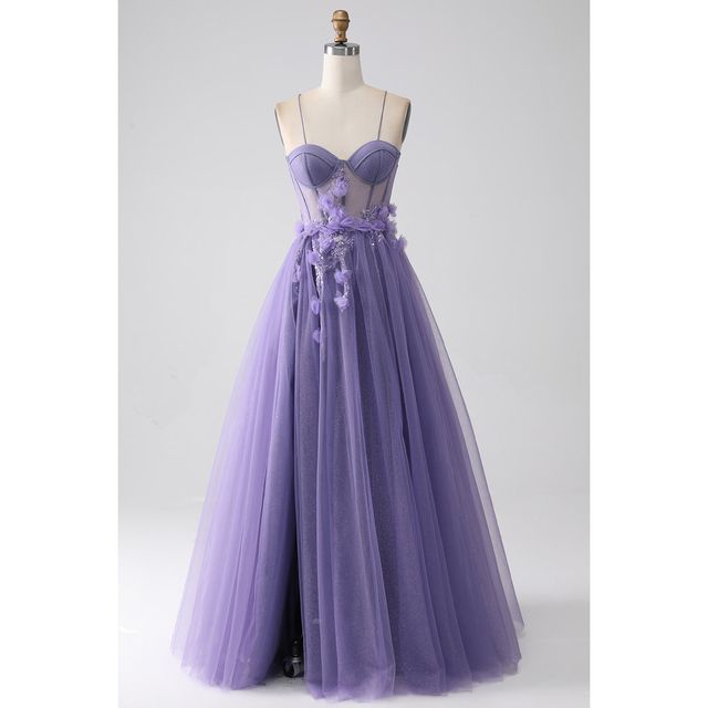 Purple A-Line Spaghetti Straps Corset Prom Dress With 3D Flowers