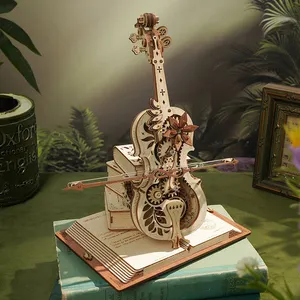 Robotime Rokr mainan rakitan DIY AMK63 kit Model Cello ajaib kotak musik mekanik puzzle kayu 3D untuk dewasa