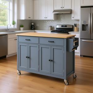 Carrello da Cucina con Isola, Piano in Legno Massello da 54,3 Pollici, 4 Ante, 2 Cassetti, Ruote Bloccabili, Colore Grigio-Blu - Product Image 2